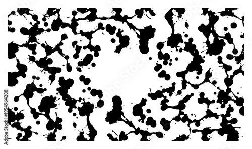Abstract monochrome background pattern featuring messy black ink splats and liquid drops