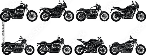 Motorcycle silhouette collection, bike outline figure, cruiser motif illustration, sport icon art, touring design graphic, vehicle posture symbol image
