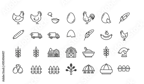 Poultry farm line icons set with chicken egg sausage truck and forage editable vector collection