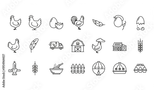 Poultry farm line icons set with chicken egg sausage truck and forage editable vector collection