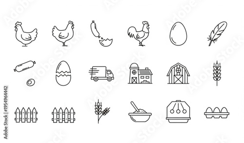 Poultry farm line icons set with chicken egg sausage truck and forage editable vector collection