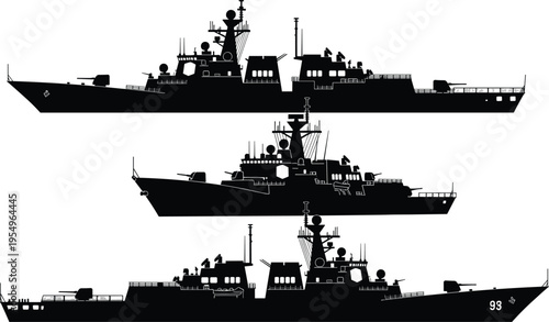 Naval warship silhouette illustration set, destroyer frigate military ship artwork, defense vector design concept