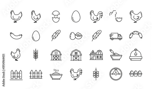 Poultry farm line icons set with chicken egg sausage truck and forage editable vector collection