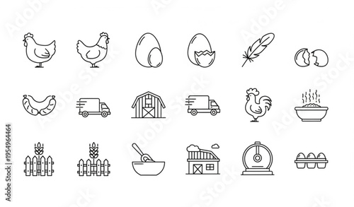 Poultry farm line icons set with chicken egg sausage truck and forage editable vector collection