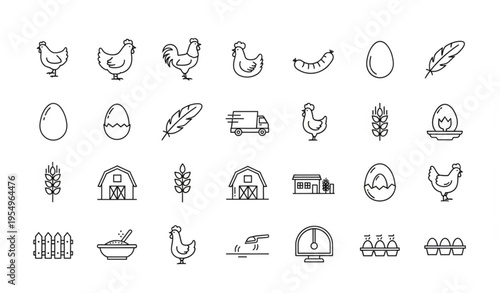 Poultry farm line icons set with chicken egg sausage truck and forage editable vector collection