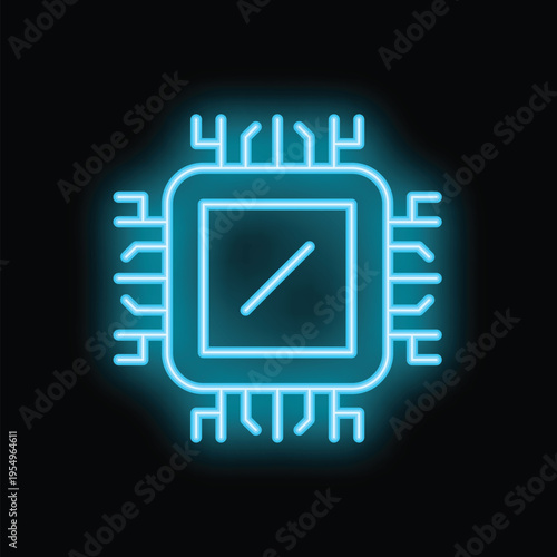 Neon glowing blue microchip on a black background representing concepts such as technology, computing and processing power