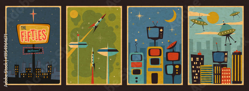 1950s Illustrations Vector Template Set. Mid Century Modern Style Posters. 50s Vector Templates for Retro Party, Event Poster, Atomic Age Style, Space Age Designs, Abstract Shapes, 1950s Colors, Aged 