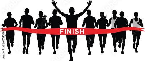 Running competition finish line silhouette illustration set, race victory achievement sport artwork, athletic vector design concept