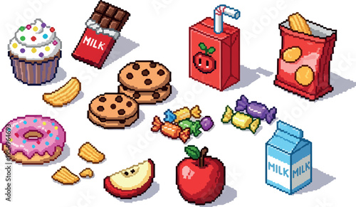 Assortment of colorful pixelated snacks and treats including cookies, fruit, cupcakes, and drinks