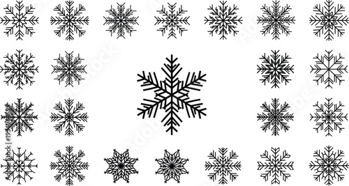 Snowflake silhouette illustration set, winter geometric symmetry artwork, seasonal vector design concept