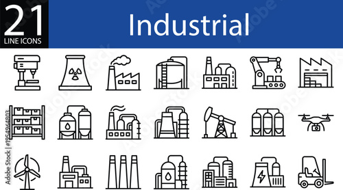 Industrial manufacturing collection of vector line symbols, featuring plant machinery, energy production, power, and supply