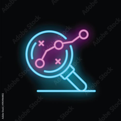 Neon magnifying glass is examining connections within a network, represented by glowing lines and nodes