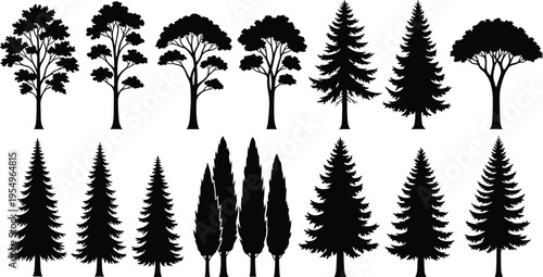 Tree silhouette collection, forest outline figure, botanical motif illustration, nature icon art, landscape design graphic, foliage posture symbol image