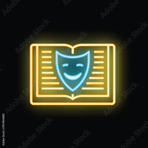 Glowing neon line icon of a comedy theatrical mask placed over an open book, representing dramatic literature studies