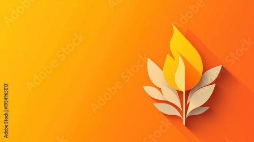 A stylized flame with leaves on a gradient orange background.