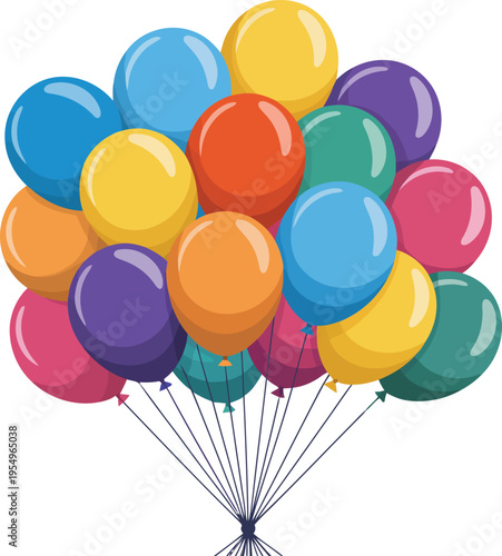 A large assortment of bright multi colored balloons gathered together ready for a happy event