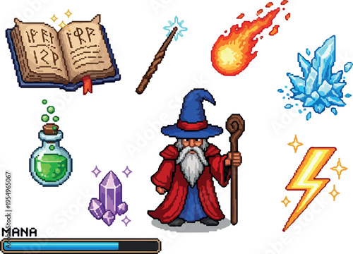 Pixel art icons depicting magical elements, including a wizard, spellbook, potions, crystals, and lightning bolt, ideal for fantasy games and digital art projects