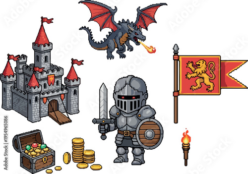 Pixel art assets for a medieval fantasy game castle, knight, dragon, treasure, and banner