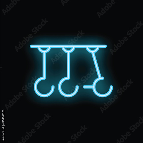 Blue neon icon of a newton's cradle swinging on a black background