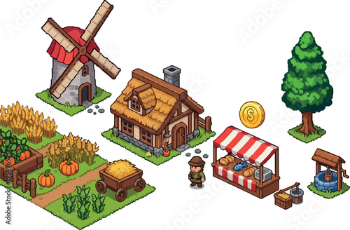 Isometric illustration of a medieval village scene with buildings, crops, and a marketplace