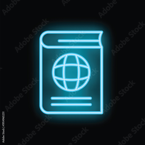 Bright blue neon passport icon glowing on a dark background representing international travel and tourism
