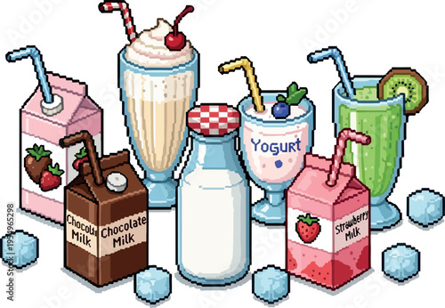 A vibrant and refreshing collection of assorted milk beverages, juices, and refreshing drinks, perfect for a healthy lifestyle and mealtime enjoyment