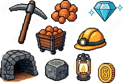 Pixel Art Mining and Treasure Collection Pickaxe, Cart, Diamond, Coin, and Helmet Icons