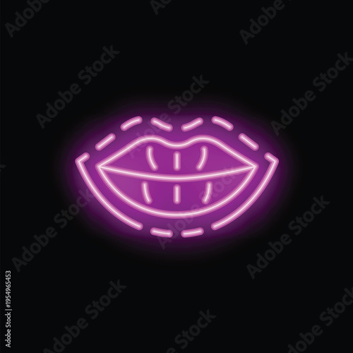 Bright pink neon lips showing teeth with stitches around the mouth are glowing on a black background