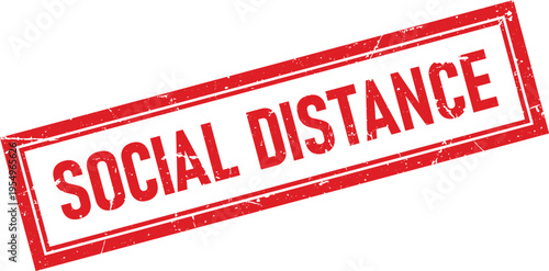 Distressed Red Social Distance Text in Rectangle Rubber Stamp Impression Isolated