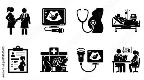 Prenatal Care Vector Icons – Ultrasound, Hospital, Consultation & Maternal Health