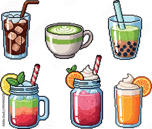 Pixel art collection of six delicious and refreshing drinks, including iced coffee, matcha latte, bubble tea, and fruit smoothies
