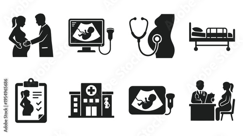 Prenatal Care Vector Icons – Ultrasound, Hospital, Consultation & Maternal Health