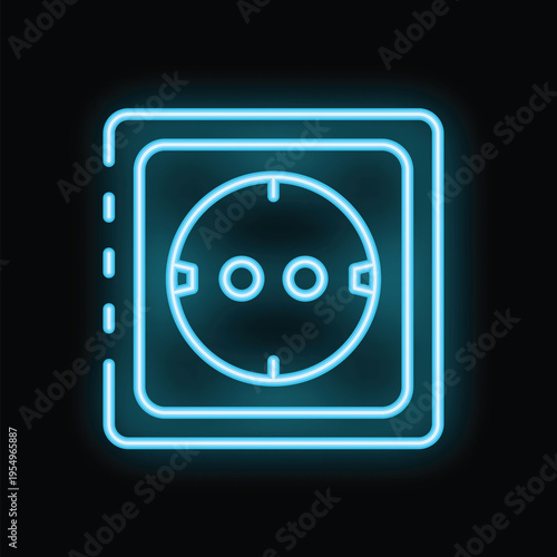 Blue neon light showing an european power socket glowing on a black background