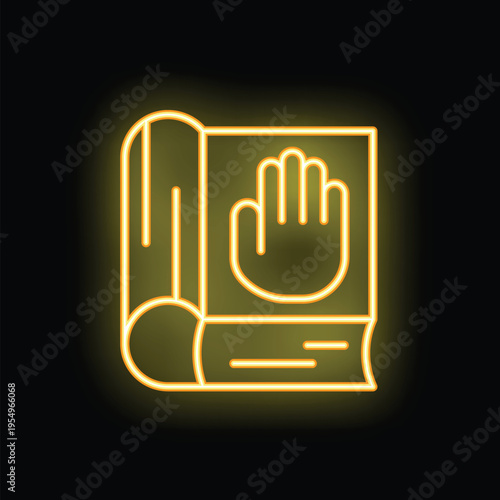 Neon glowing sign of a hand stopping on a book, symbolizing the concept of censorship in education