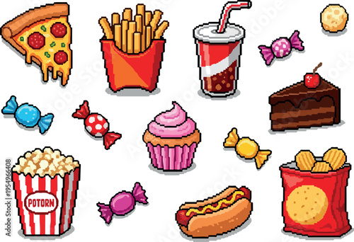 Pixel art collection of popular fast food and snack items, including pizza, fries, soda, popcorn, candy, cupcake, hot dog, cake, and potato chips