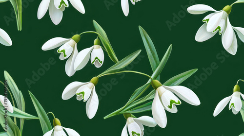 Seamless pattern featuring delicate snowdrop flowers with green leaves on dark green background, evoking sense of tranquility and nature