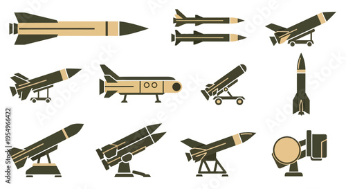 Military Missile and Rocket Launcher Vector Icon Set - Modern Defense System Illustrations