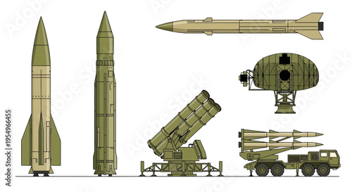Military Missile Defense System and Ballistic Rocket Vector Illustration Set