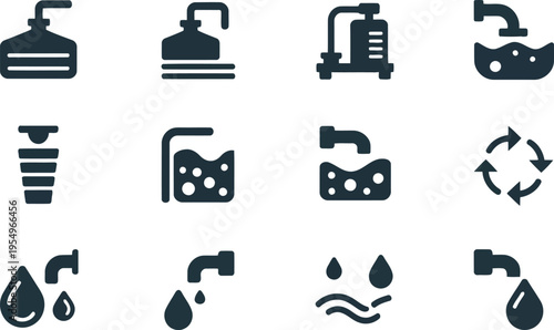 A set of black icons depicting various elements and processes in water purification and supply