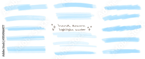 水色のハイライトマーカーセット。手書きの罫線、アンダーライン、重要なポイント。テキストを強調するための装飾。