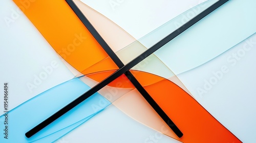 Abstract geometric design with intersecting black lines and curved shapes in orange, pink, and blue.