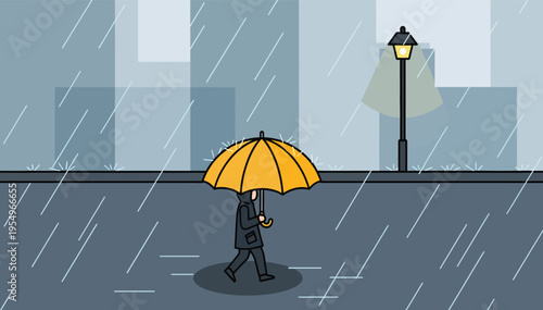 Person walking alone on rainy city street with yellow umbrella for protection from downpour
