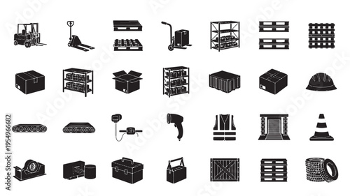 Collection of black and white furniture icons featuring chairs, tables, lamps, and shelves in minimalist style. Includes silhouettes of home decor items like sofas, cabinets, and lampshades.