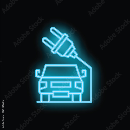 Blue neon glowing electric car charging at the station icon