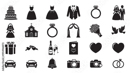 Collection of iconic wedding and love celebration symbols in black and white icons