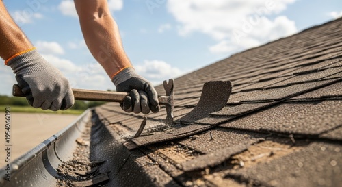 Roof repair work in progress with worker using pry bar to remove shingles from damaged surface. Roof repair includes careful removal of shingles for maintenance and restoration.