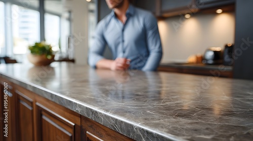 A man stands in a modern kitchen with a polished marble countertop