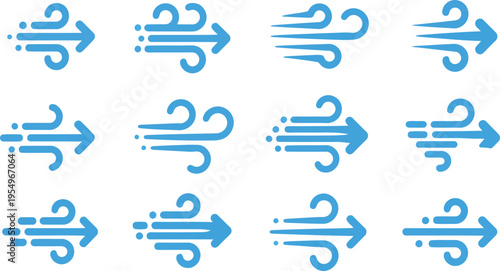 A set of twelve distinct blue wind arrow symbols illustrating airflow and quick forward movement