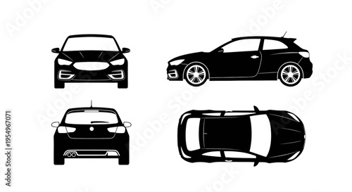 Black silhouette set of a modern hatchback car showing front side rear and top orthographic views