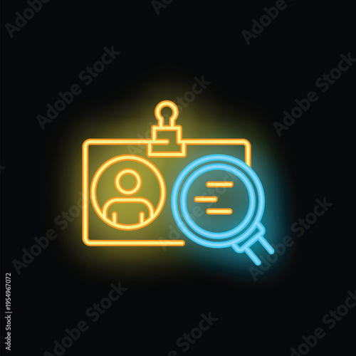 Neon icon depicting a magnifying glass examining an id card, symbolizing verification and security checks